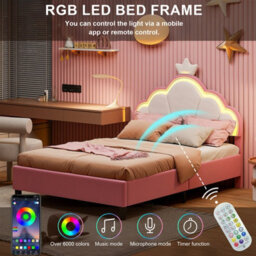 3Ft Single Bed Frame With Led Cloud Adjustable Headboard, Upholstered Bed Frame With Slat Support, Crown Beds, Velvet, Pink - thumbnail 4