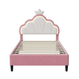 3Ft Single Bed Frame With Led Cloud Adjustable Headboard, Upholstered Bed Frame With Slat Support, Crown Beds, Velvet, Pink - thumbnail 8