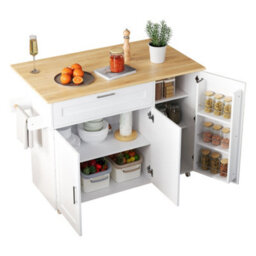 Btm 132.5X44(70)X90Cm Mobile Kitchen Table, Foldable Top, Oak Grain Cabinet, Spice Rack, Towel Holder, 5 Wheels - thumbnail 9