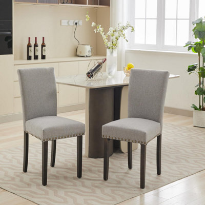 London Boutique 2 Pack Parsons Dining Chairs, Linen Upholstered High Back Kitchen Chairs, Nailhead Trim, Wooden Legs, Grey - image 1