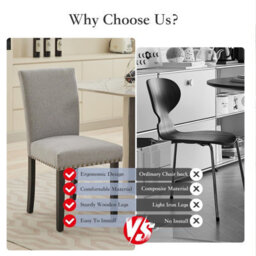 London Boutique 2 Pack Parsons Dining Chairs, Linen Upholstered High Back Kitchen Chairs, Nailhead Trim, Wooden Legs, Grey - thumbnail 6