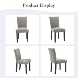 London Boutique 2 Pack Parsons Dining Chairs, Linen Upholstered High Back Kitchen Chairs, Nailhead Trim, Wooden Legs, Grey - thumbnail 8