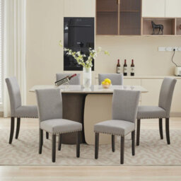 London Boutique 2 Pack Parsons Dining Chairs, Linen Upholstered High Back Kitchen Chairs, Nailhead Trim, Wooden Legs, Grey - thumbnail 3