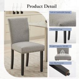 London Boutique 2 Pack Parsons Dining Chairs, Linen Upholstered High Back Kitchen Chairs, Nailhead Trim, Wooden Legs, Grey - thumbnail 4
