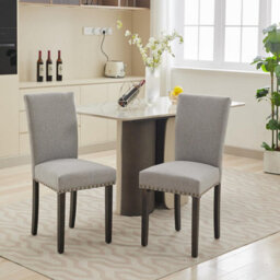 London Boutique 2 Pack Parsons Dining Chairs, Linen Upholstered High Back Kitchen Chairs, Nailhead Trim, Wooden Legs, Grey