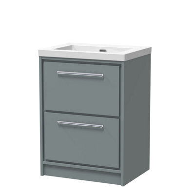 Balterley Longnor Modern Bathroom 2 Soft-Close Drawer Floor Standing Vanity Unit Fireclay Basin, Coastal Grey, 600mm - image 1
