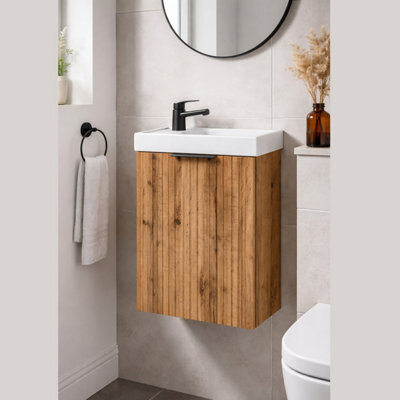 Impact Furniture Cloakroom Vanity Unit With Sink 400mm Bathroom Cabinet Ribbed Fluted Oak Modern Wall Hung Slimline Narrow Adel - image 1