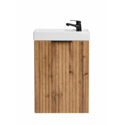 Impact Furniture Cloakroom Vanity Unit With Sink 400mm Bathroom Cabinet Ribbed Fluted Oak Modern Wall Hung Slimline Narrow Adel - thumbnail 2
