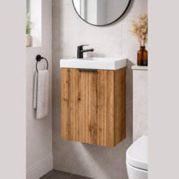 Impact Furniture Cloakroom Vanity Unit With Sink 400mm Bathroom Cabinet Ribbed Fluted Oak Modern Wall Hung Slimline Narrow Adel - thumbnail 1