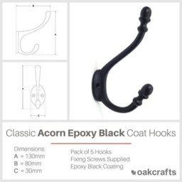Oakcrafts - Acorn Design Coat Hook In Epoxy Black Finish - 130mm - Pack Of 5 Hooks - thumbnail 2