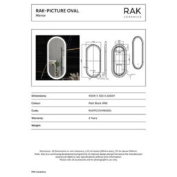 RAK Ceramics Rak Picture Oval Matt Black Led Illuminated Bathroom Mirror With Touch Sensor & Demister Pad, 450X1000mm, Ip44 - thumbnail 2