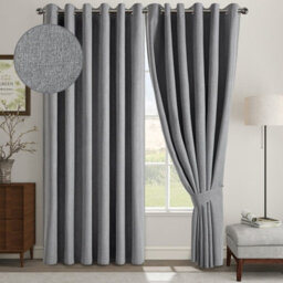 Aspire Homeware Charcoal Linen 100% Blackout Curtain Thermal Insulated Eyelet Curtain Pair (W)168Cm X (D)183Cm With Tie Back
