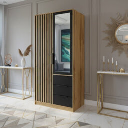 Bali Lux D2 Wardrobe With Mirror Decorative Slats Modern 2 Door Closet For Bedroom Or Hallway Black With Oak Wotan