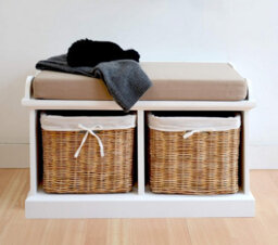 Statement Furniture Tetbury White Storage Bench With 2 Natural Wicke Baskets And Brown Cushion