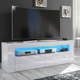 Furneo White Tv Stand 145Cm Unit Cabinet Matt & High Gloss Clifton 13 Blue Led Lights - thumbnail 1