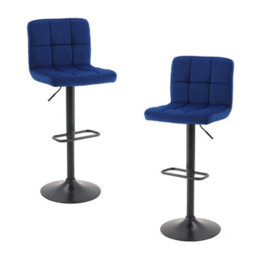 Darphe 2 Pcs Blue Velvet Upholstery Bar Stools With Low Backrest, 42.5Cm W X 50Cm D X 93Cm-113Cm H