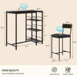 Black Modern 3 Piece Dining Table Set For Two With Built In Wine Rack - thumbnail 2