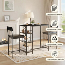Black Modern 3 Piece Dining Table Set For Two With Built In Wine Rack - thumbnail 4