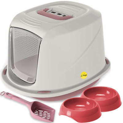 Cat Centre.Direct Cat Centre Jumbo Pink Cat Hooded Litter Tray Bundle With 2 Bowls And Scoop - image 1