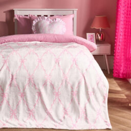 Ohs Bow Lattice Flannel Fleece Throw Blanket Soft Bedspread, Pink - 125 X 150Cm - thumbnail 1