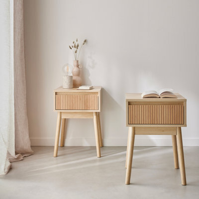 Sweeek - Wood Decor 1 Drawer Bedside Table (Set Of 2) Linear Natural 39X39X55.4 Cm - image 1
