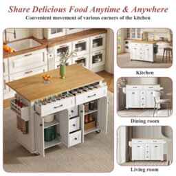 Btm Kitchen Island Cart With Drop Leaf, 5 Drawers, Lockable Wheels, 120X65X89Cm - thumbnail 3
