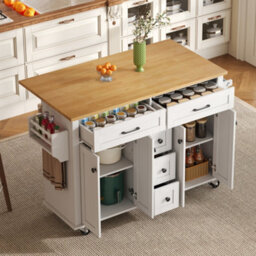 Btm Kitchen Island Cart With Drop Leaf, 5 Drawers, Lockable Wheels, 120X65X89Cm - thumbnail 1