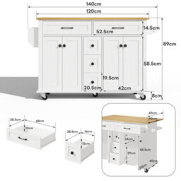Btm Kitchen Island Cart With Drop Leaf, 5 Drawers, Lockable Wheels, 120X65X89Cm - thumbnail 6