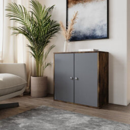 Urbn-Living Urbnliving Height 60Cm 2 Tier Wooden Storage Cabinet Side Furniture Color Rustic Brown With Grey Door Cupboard Bedroom Hallway - thumbnail 1