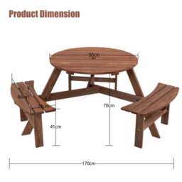 Birchtree Garden Patio Picnic Wooden Round Table Bench Set 6 Seat Outdoor Brown - thumbnail 6