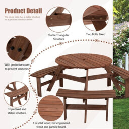 Birchtree Garden Patio Picnic Wooden Round Table Bench Set 6 Seat Outdoor Brown - thumbnail 7