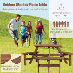 Birchtree Garden Patio Picnic Wooden Round Table Bench Set 6 Seat Outdoor Brown - thumbnail 4