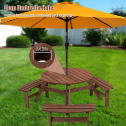Birchtree Garden Patio Picnic Wooden Round Table Bench Set 6 Seat Outdoor Brown - thumbnail 5