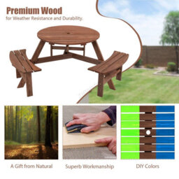 Birchtree Garden Patio Picnic Wooden Round Table Bench Set 6 Seat Outdoor Brown - thumbnail 2