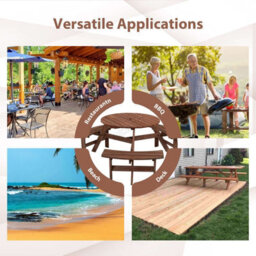 Birchtree Garden Patio Picnic Wooden Round Table Bench Set 6 Seat Outdoor Brown - thumbnail 3