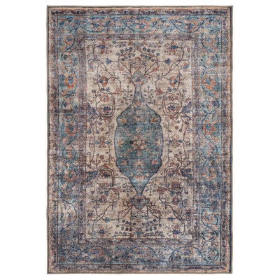 Loomed Traditional Design Cotton Chenille Rug Beige Blue Machine Washable 200Cm X 290Cm - image 1