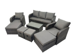 Fimous Outdoor Reclining Chair 3 Seater Sofa Coffee Table Set Garden Rattan Furniture Set 9 Seater With 4 Stools Dark Grey - thumbnail 1