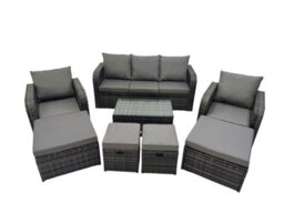 Fimous Outdoor Reclining Chair 3 Seater Sofa Coffee Table Set Garden Rattan Furniture Set 9 Seater With 4 Stools Dark Grey - thumbnail 2