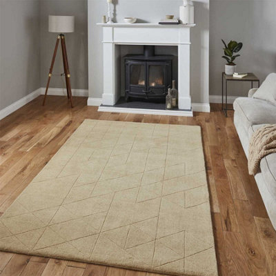 Beige Chequered , Geometric Luxurious , Modern , Plain , Wool Easy To Clean Rug For Bedroom, Living Room - 150Cm X 230Cm