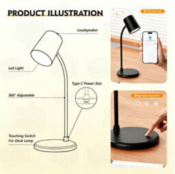 Amorly Led Desk Lamp With Bluetooth Speaker, 3 Color Light Dimmable Bedside Reading Lamp, 12 Led Table Light For Office & Bedroom, Black - thumbnail 8