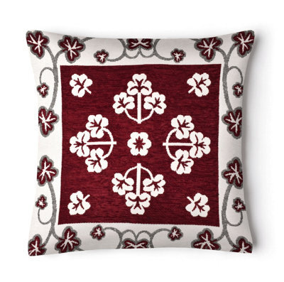 Ashley Mills Classic Floral Chenille Square Cushion, Decorative Sofa Throw Cushion With Zip Closure, Durable Chenille Weave - Wine