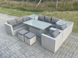Fimous Rattan Garden Funiture Set Adjustable Rising Lifting Table Sofa Dining Set Lounge Chair 2 Side Table Stool - thumbnail 2