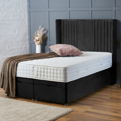 Bsspoke Storage Ottoman Divan Bed Black Plush 25Cm Orthopaedic Mattress & 54Inch Winged Panel Headboard End Lift Up In All Sizes - image 1