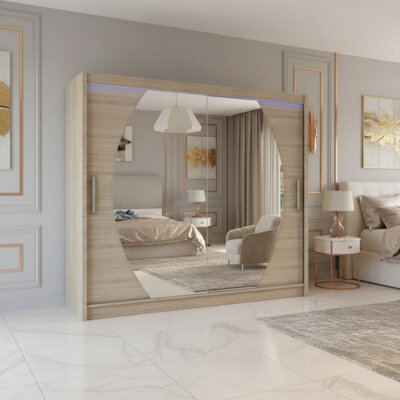 Bega Iv 180 Sliding Door Wardrobe Modern Bedroom Storage With Mirror Hanging Rail And Shelves In Sonoma With Led - image 1
