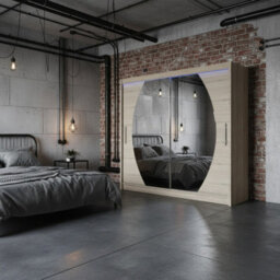 Bega Iv 180 Sliding Door Wardrobe Modern Bedroom Storage With Mirror Hanging Rail And Shelves In Sonoma With Led - thumbnail 2
