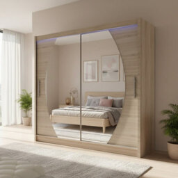 Bega Iv 180 Sliding Door Wardrobe Modern Bedroom Storage With Mirror Hanging Rail And Shelves In Sonoma With Led - thumbnail 3