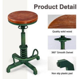 Bokkoli Industrial Bar Stool Vintage Green Swivel Adjustable Wooden Seat - thumbnail 6