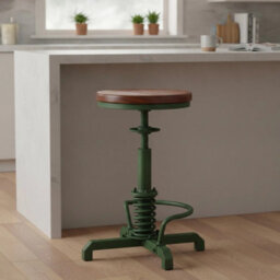 Bokkoli Industrial Bar Stool Vintage Green Swivel Adjustable Wooden Seat - thumbnail 1