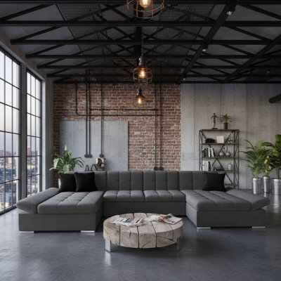 Alia Living Room Sleeper Corner Sofa Polyurethane Foam Wave Spring Wood Frame 360X160X75Cm Grey And Black Cushions - image 1