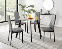 Furniturebox Seattle Scandi Inspired Glass And Black Metal Leg Square Dining Table & 4 Grey Milan Faux Leather Black Leg Chairs - thumbnail 1
